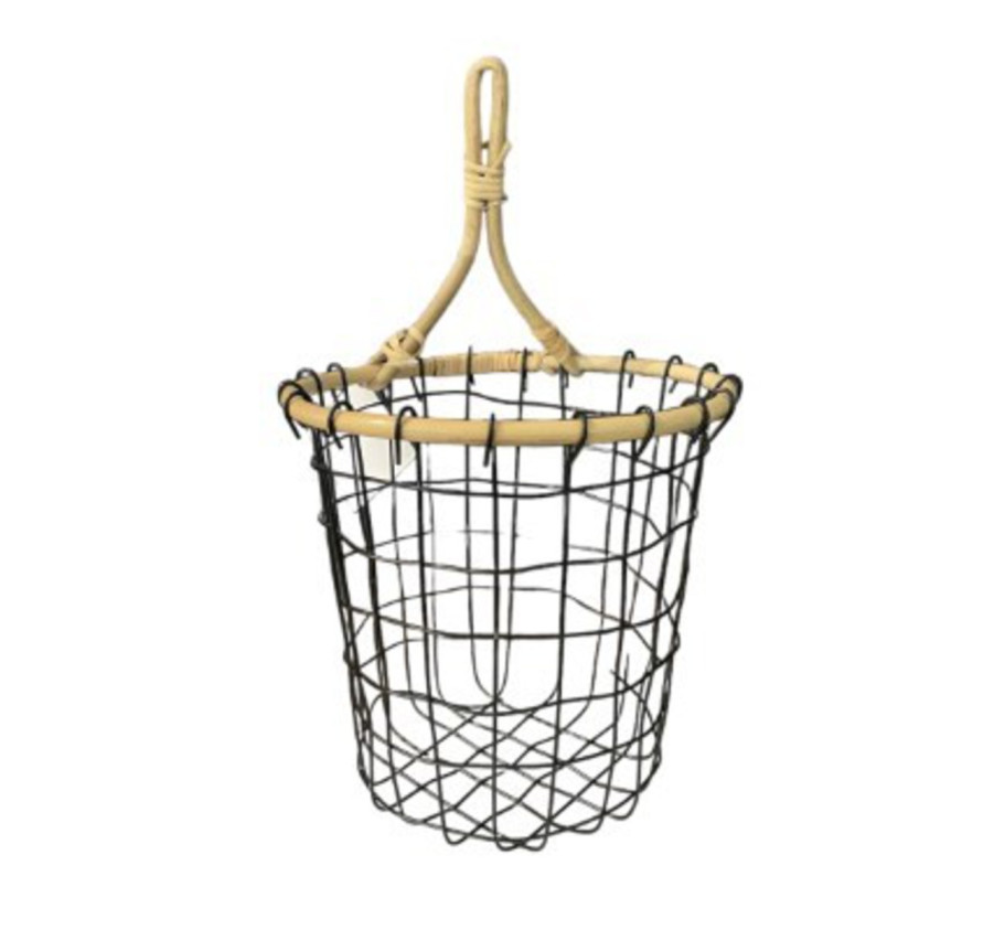 PANIER EN METAL NOIR ET RATTAN