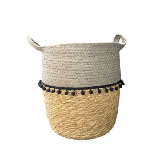 PANIER ROND GRIS AVEC POMPOMS