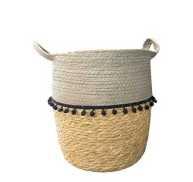 PANIER ROND GRIS AVEC POMPOMS