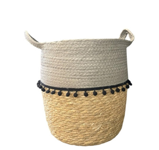 PANIER ROND GRIS AVEC POMPOMS