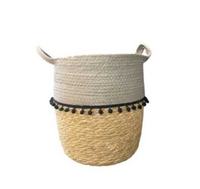 PANIER ROND GRIS AVEC POMPOMS