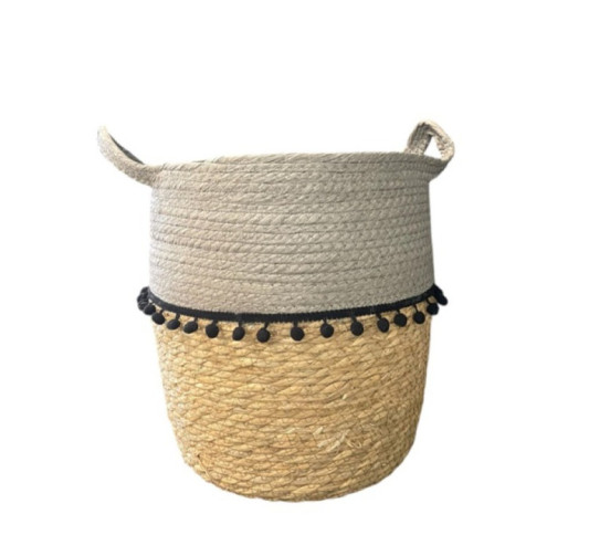 PANIER ROND GRIS AVEC POMPOMS