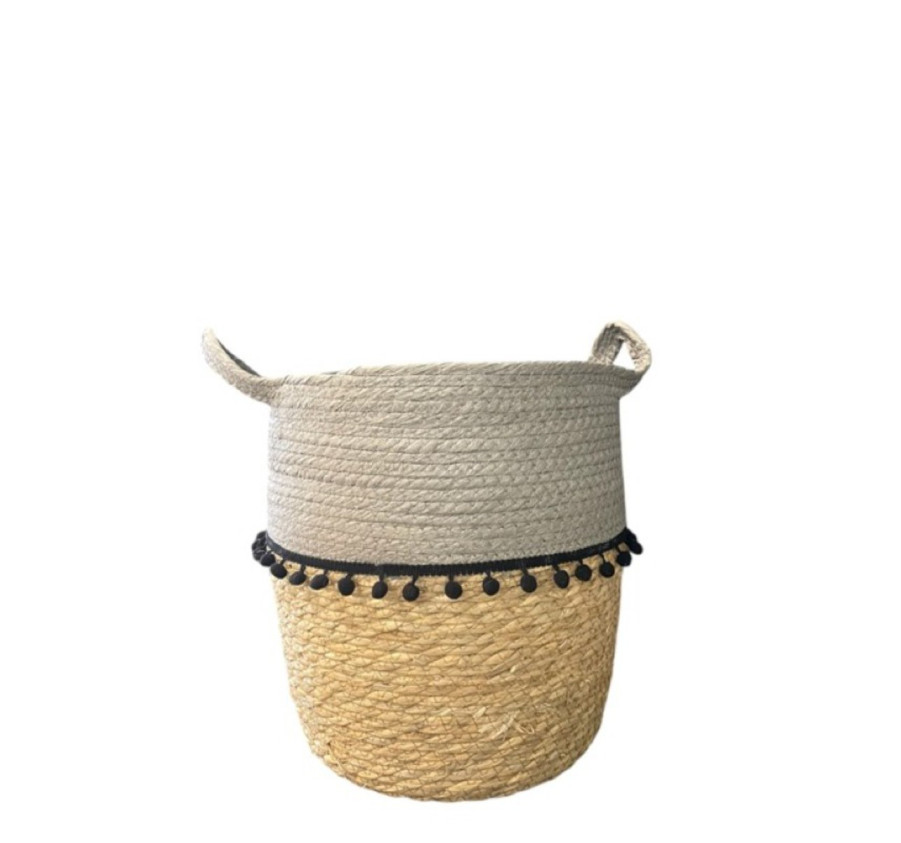 PANIER ROND GRIS AVEC POMPOMS