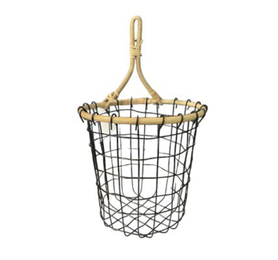 PANIER EN METAL NOIR ET RATTAN