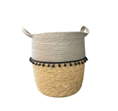 PANIER ROND GRIS AVEC POMPOMS