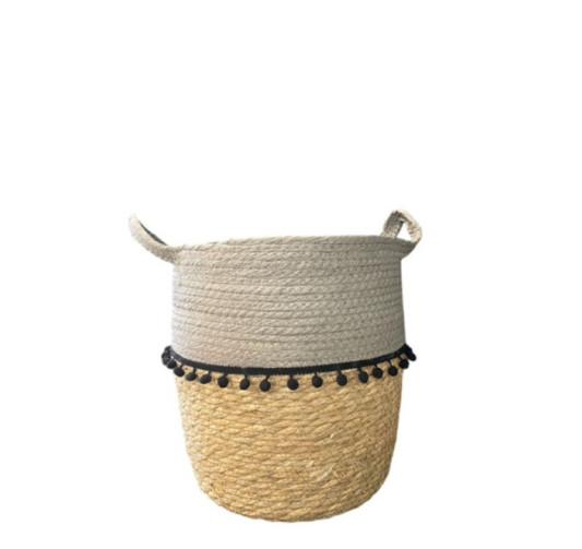 PANIER ROND GRIS AVEC POMPOMS